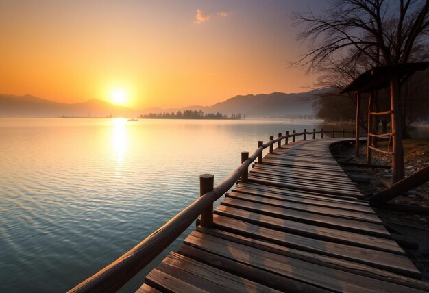 Photo a wooden boardwalk is in front of a lake with the sun setting behind it