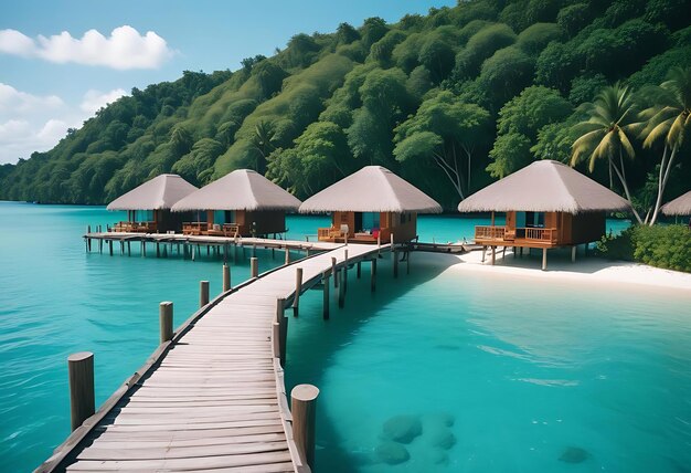 Photo a wooden boardwalk leads to a beach with palm trees in the background