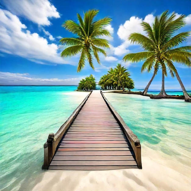 a wooden boardwalk leads to a beach with palm trees on the horizon