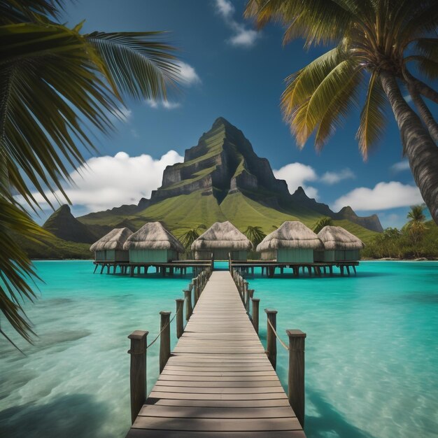 Photo a wooden boardwalk leads to a beach with palm trees and mountains in the background.