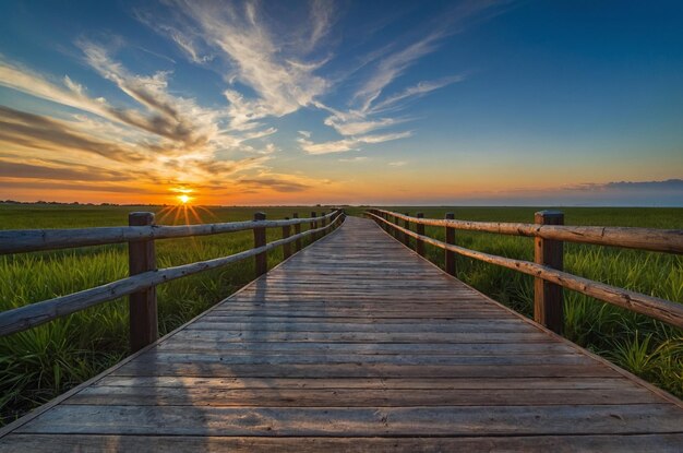 a wooden boardwalk leads to a field with the sun setting in the background