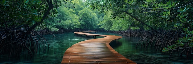 A wooden boardwalk winding through dense greenery