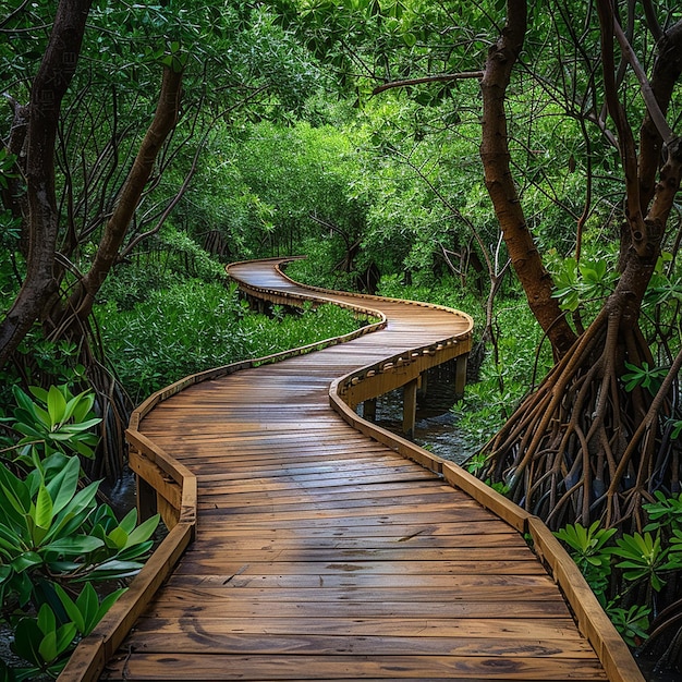 A wooden boardwalk winding through dense greenery