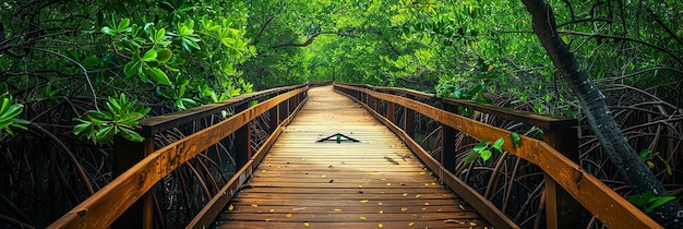 A wooden boardwalk winding through dense greenery