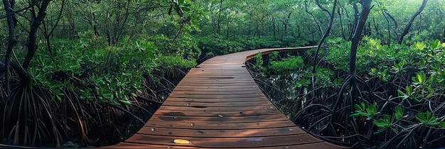 A wooden boardwalk winding through dense greenery