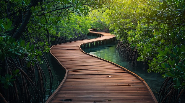 A wooden boardwalk winding through dense greenery