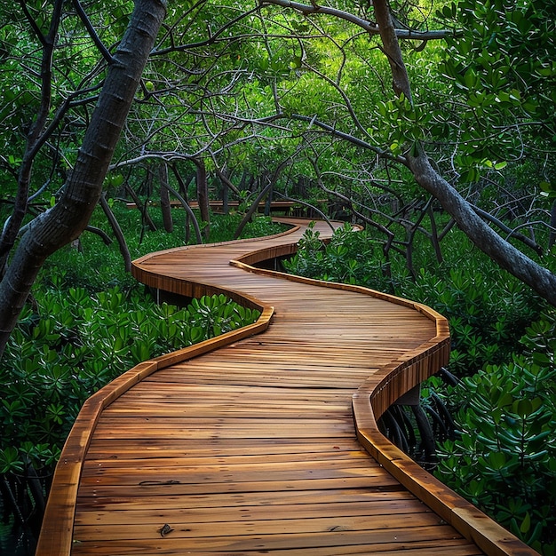 Photo a wooden boardwalk winding through dense greenery