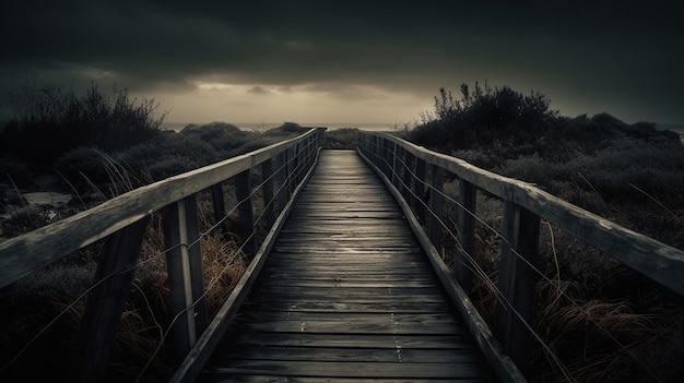 A wooden boardwalk with a cloudy sky above it