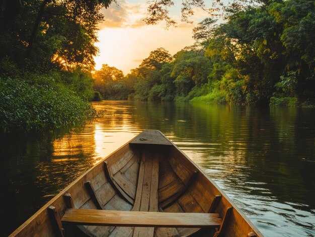 Wooden Boat on a Calm River at Sunset with Green Foliage