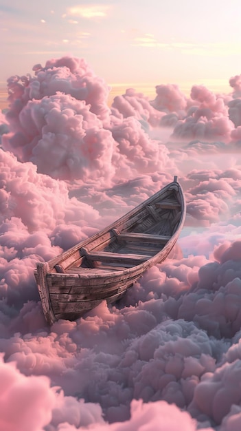 Wooden boat floating among pink clouds at sunset surreal and dreamlike scene