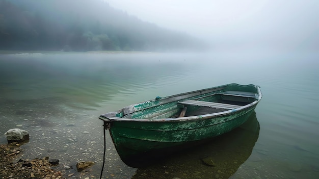 The wooden boat is anchored in the middle of a foggy lake The water is still and the boat is reflected in the water