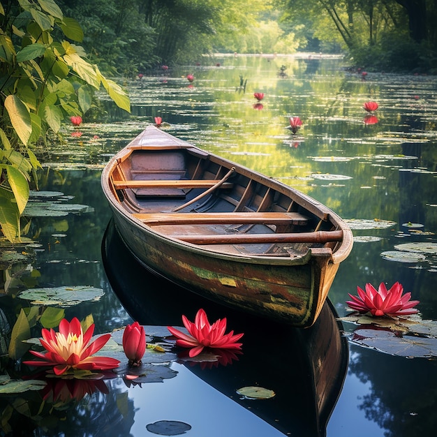 A wooden boat moored among the lilies of a river