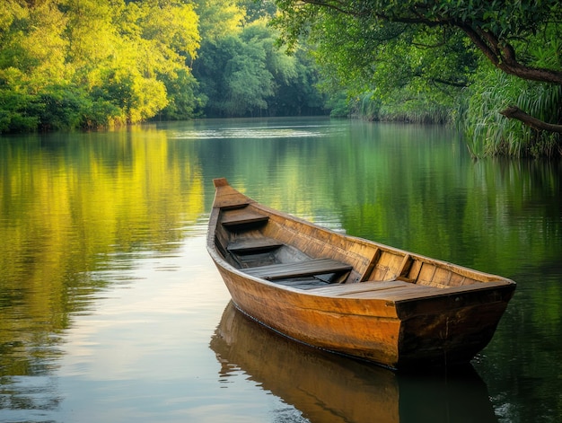 Wooden Boat Moored in a Tranquil River Surrounded by Lush Greenery