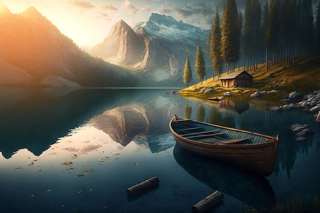 Wooden boat on a mountain lake Picturesque calm autumn landscape