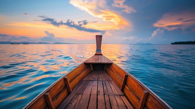 Photo a wooden boat sailing towards the horizon during a vibrant sunset over calm ocean waters creating a tranquil scene