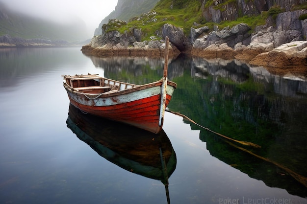 Wooden boat on water at mountains scenery of lake in mist generative AI