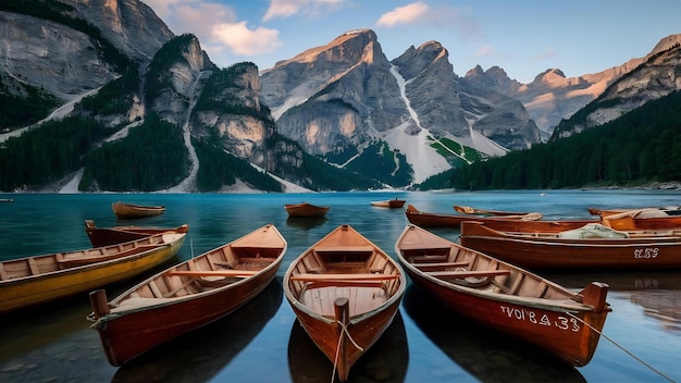 Wooden boats on the lake somwhere in italian dolomites