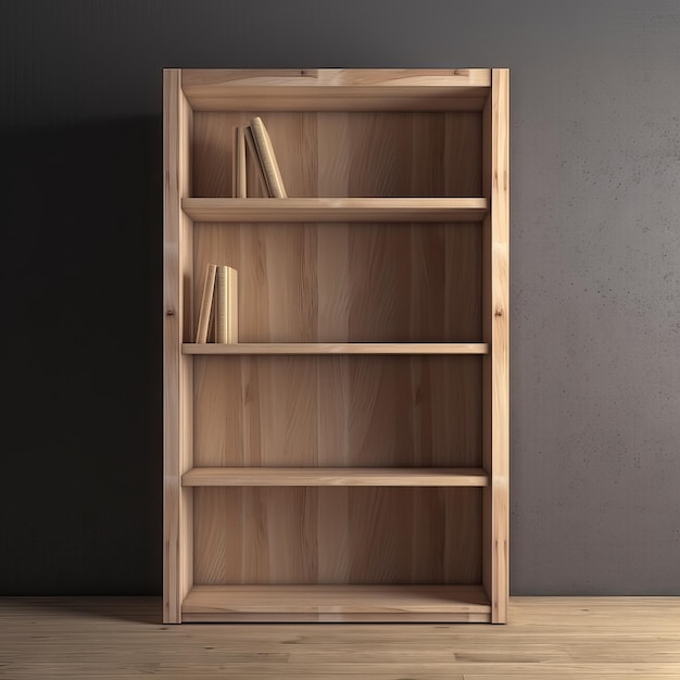 A wooden bookcase with books on it is against a gray wall.