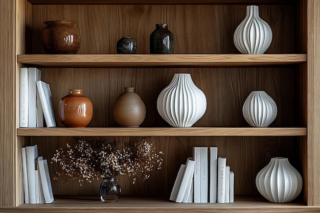 Photo wooden bookshelf decorated with vases and books realistic image