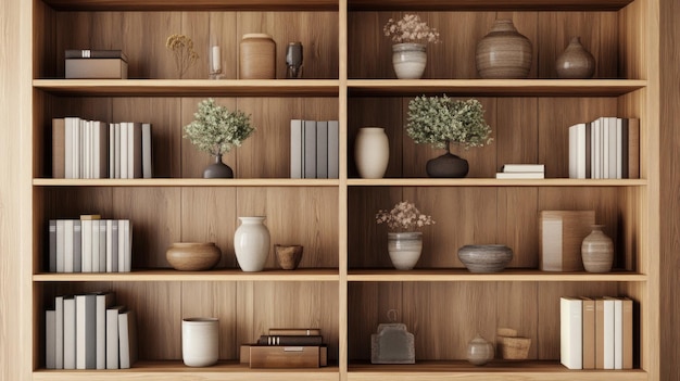 Photo wooden bookshelf with minimalist decor