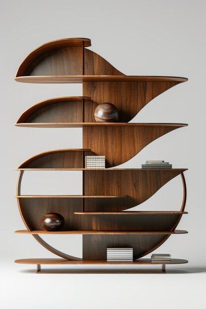 A wooden bookshelf with a round base and a spiral design