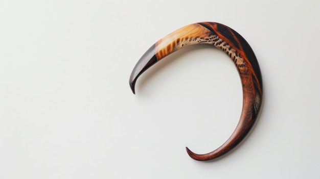 Wooden boomerang with intricate carvings on white background