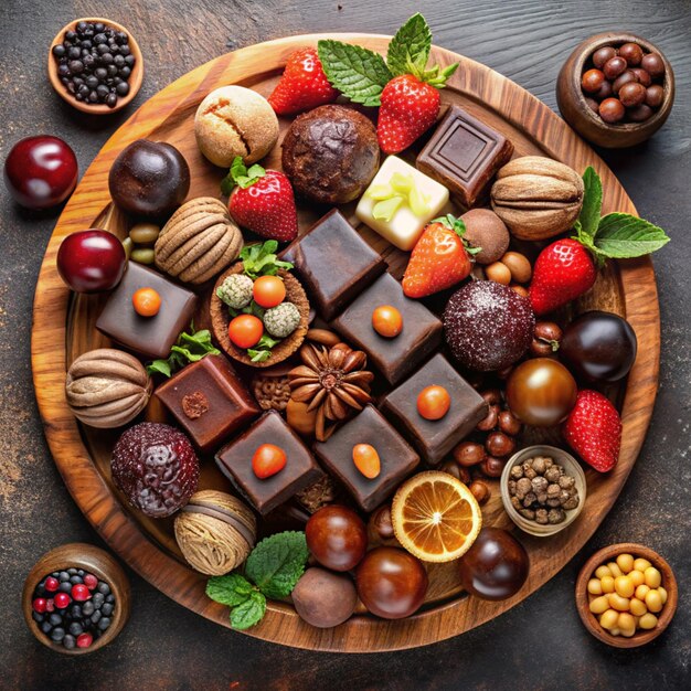 Photo a wooden bowl of chocolates and strawberries with a wooden board that says chocolates