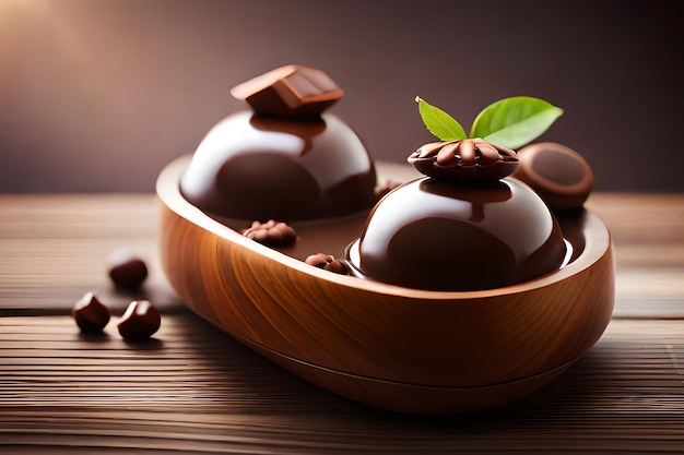 A wooden bowl of chocolates with a green leaf next to it.