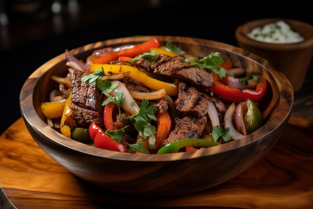 A wooden bowl containing a flavorful mix of beef fajitas zucchini and bell peppers