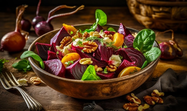 Wooden bowl filled with beets oranges walnuts and feta cheese Generative AI