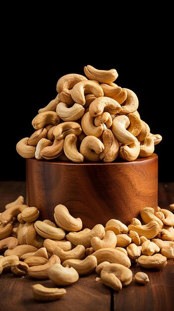 a wooden bowl filled with cashews on top of a wooden table