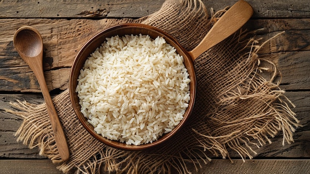 A wooden bowl filled with cooked white rice sits next to a wooden spoon on a table Generative AI