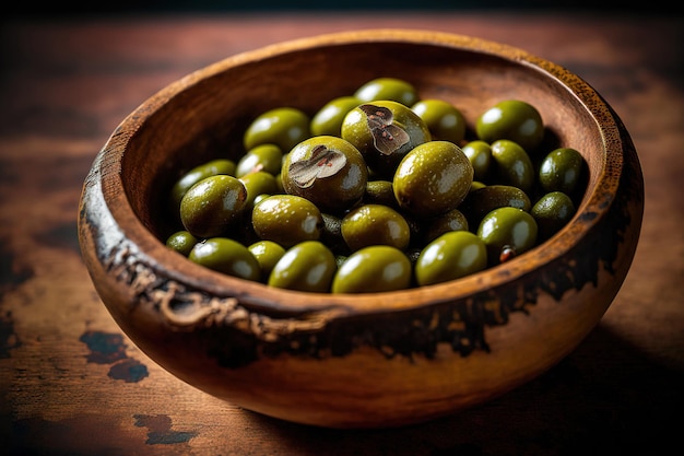 A wooden bowl filled with green olives is covered with extra virgin olive oil