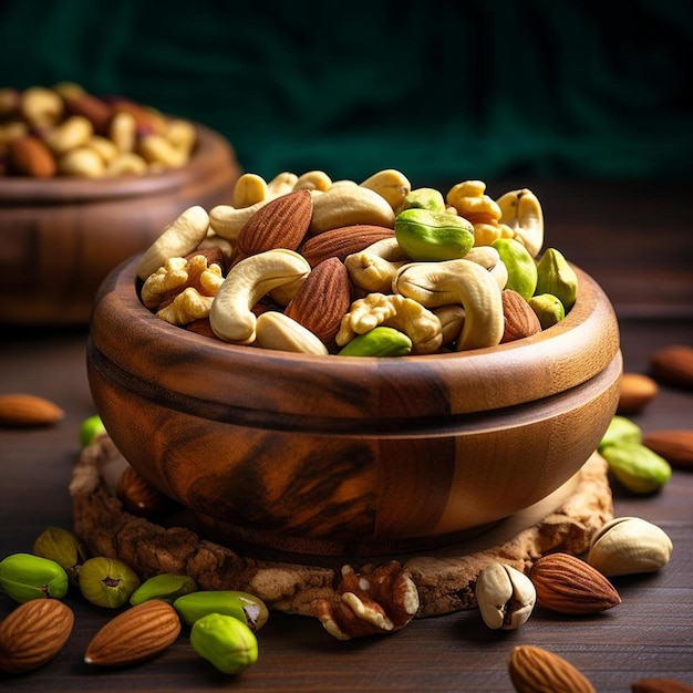 a wooden bowl filled with nuts on top of a table