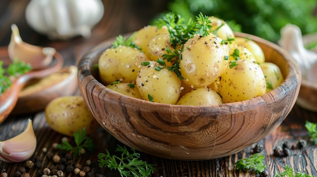 Wooden Bowl Filled With Potatoes and Garlic