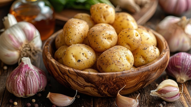 Wooden Bowl Filled With Potatoes and Garlic