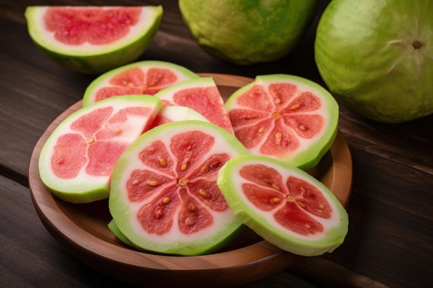 A wooden bowl filled with sliced up watermelon generative AI