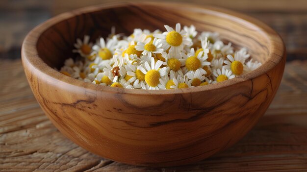 A wooden bowl filled with white and yellow flowers on a table top with a wooden spoon in it and a