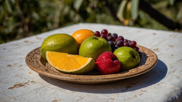 a wooden bowl of fruit including a strawberry raspberry and a strawberry