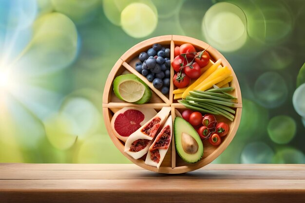 a wooden bowl of fruit with a sticker that says's for sale '