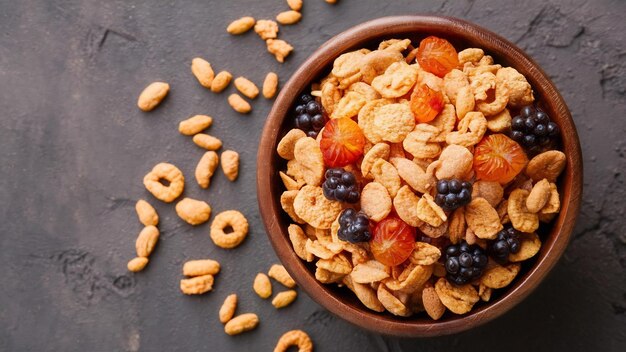 A wooden bowl full of healthy cereals on gray surface