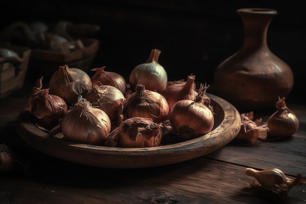 A wooden bowl of garlic sits on a wooden table.