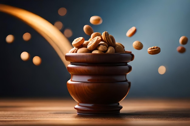 A wooden bowl of nuts is falling into a wooden bowl.