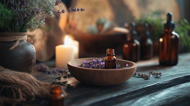 a wooden bowl of purple flowers with a candle in the center