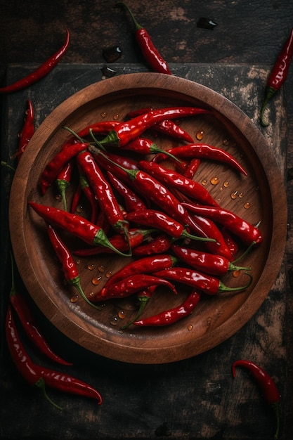 A wooden bowl of red chili peppers on a dark background