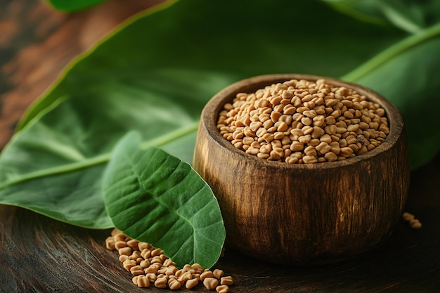 a wooden bowl of rice with a leaf of banana leaf