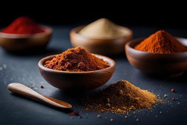 A wooden bowl of spices with a spoon and a spoon.