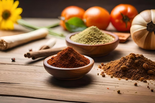 a wooden bowl of spices with a spoon and a spoon.