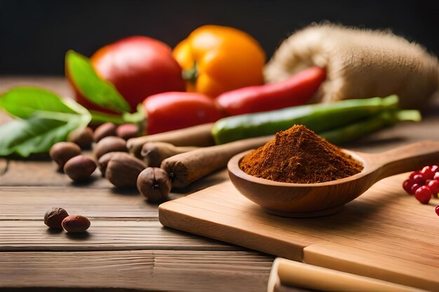 a wooden bowl of spices with a wooden spoon and a bowl of spices on the table.