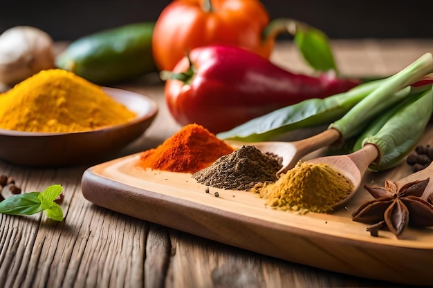 a wooden bowl of spices with a wooden spoon and a bowl of spices on a wooden table.